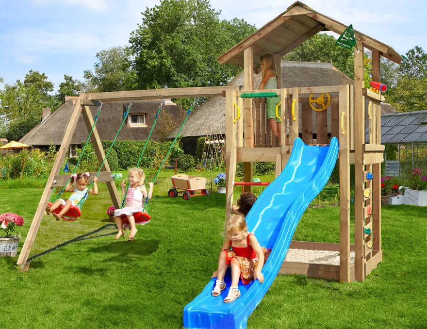 Jungle Gym Chalet 2.1 legetårn med rutsjebane & gyngestativ