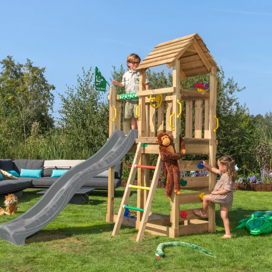 Jungle Gym Safari legetårn m/rutsjebane & klatrevæg grå