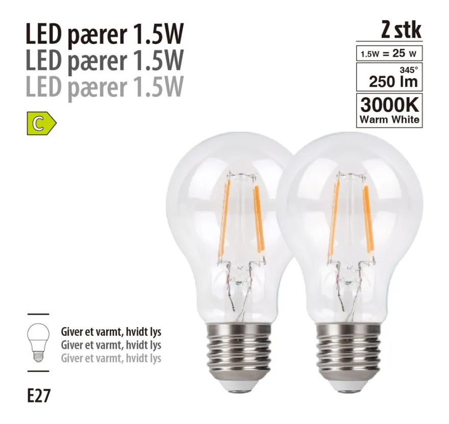 LED-filamentpære 1,5 W E27 2-pk.