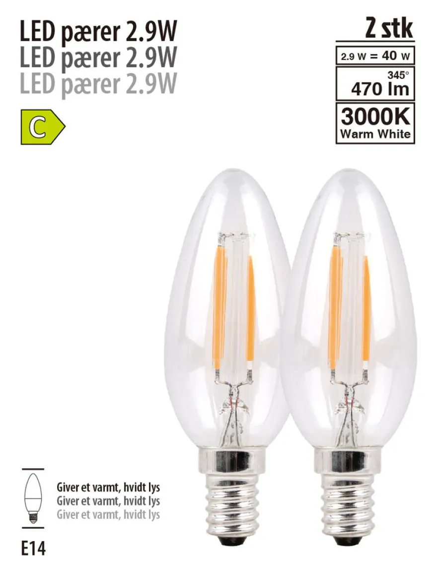 LED-pære kerte 2,9 W E14 2-pk.