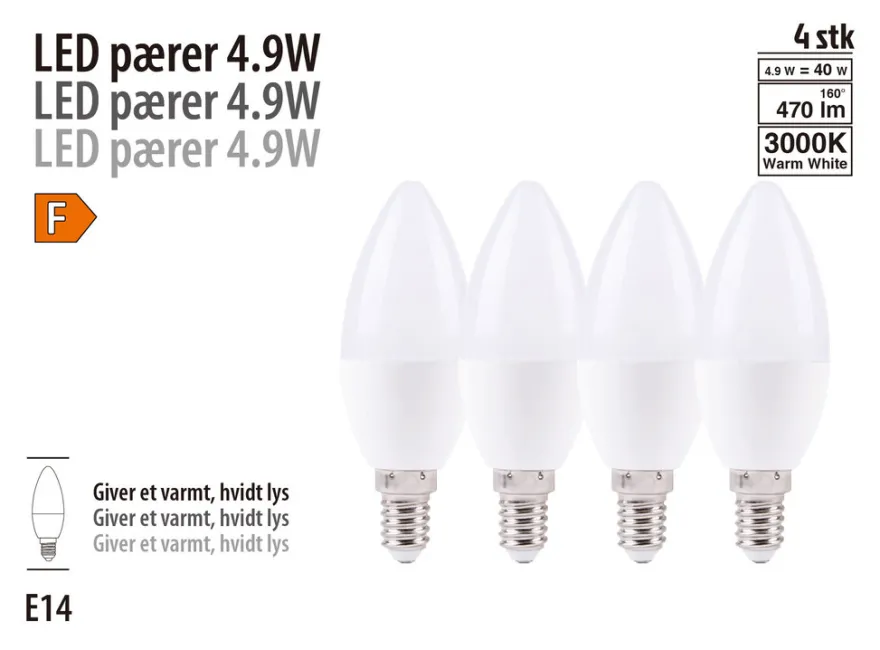 LED-pære kerte E14 4,9 W 4-pk.