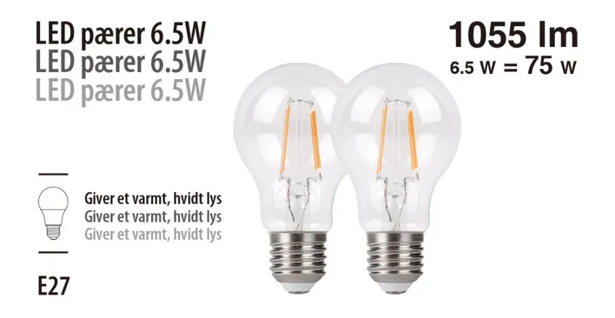 LED-pære standard 6,5 W E27 2-pk.