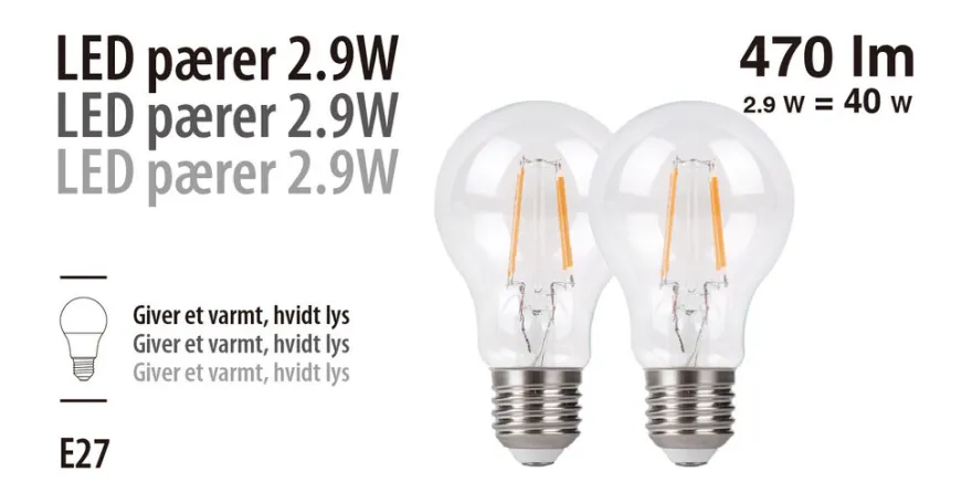 LED-pære standard 2,9 W E27 2-pk.