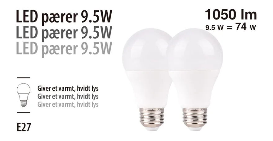 LED-pære standard 9,5 W E27 2-pk.
