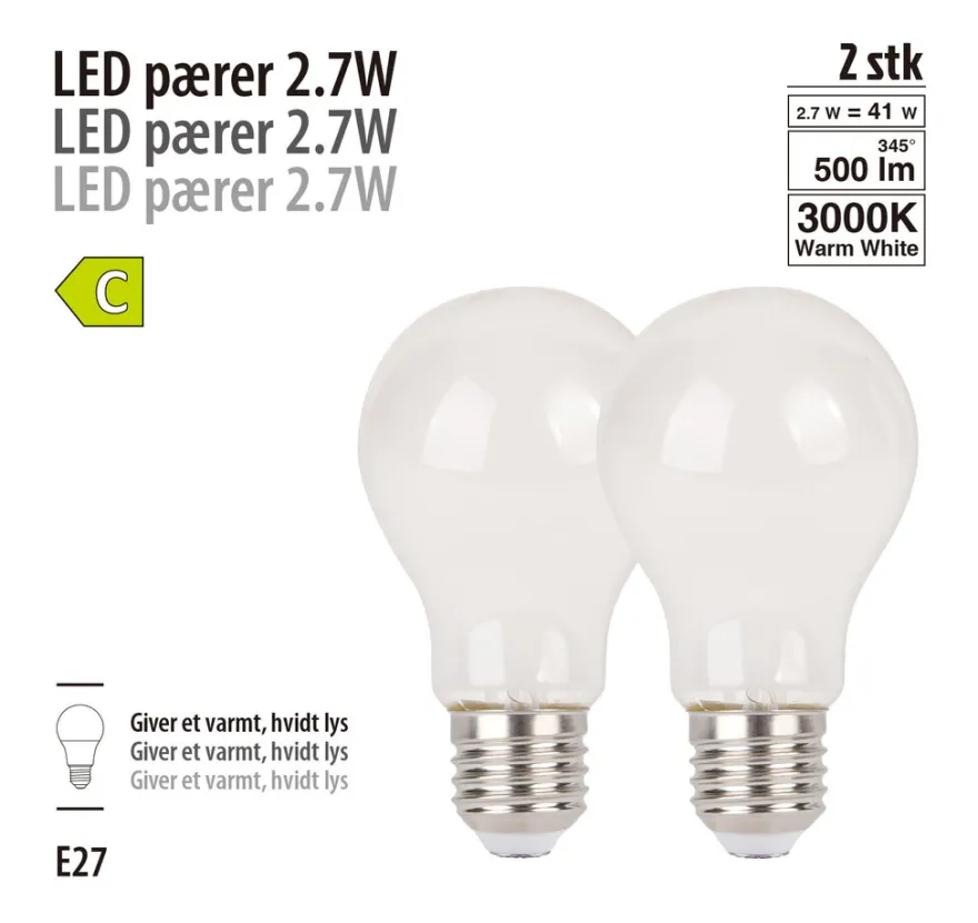 LED-pære standard 2,7 W E27 2-pk.
