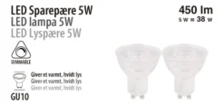 LED-spotpære 5 W GU10 dæmpbar 2-pk.