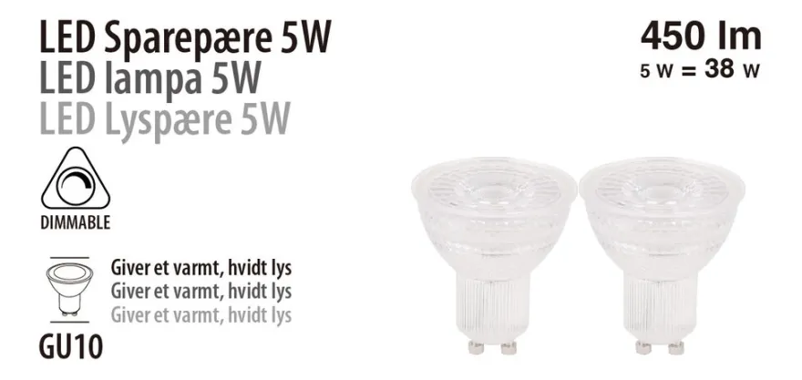 LED-spotpære 5 W GU10 dæmpbar 2-pk.