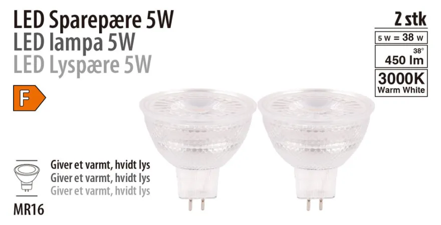 LED-spotpære 5 W GU5,3 2-pk.