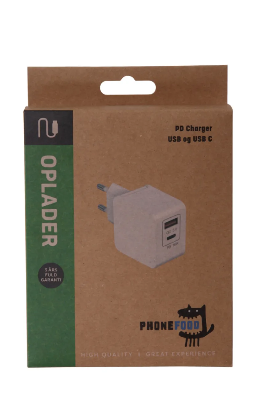 Oplader med 2 indgange - USB-A og USB-C