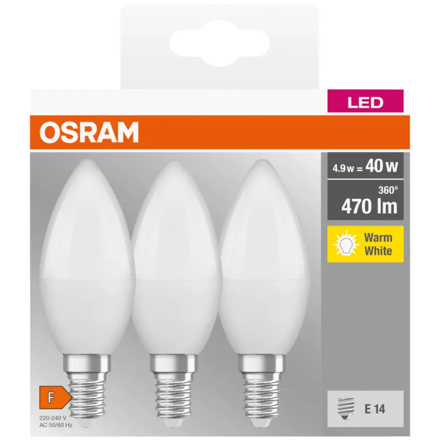 Osram LED kertepære E14 4,9 W 3-pk.