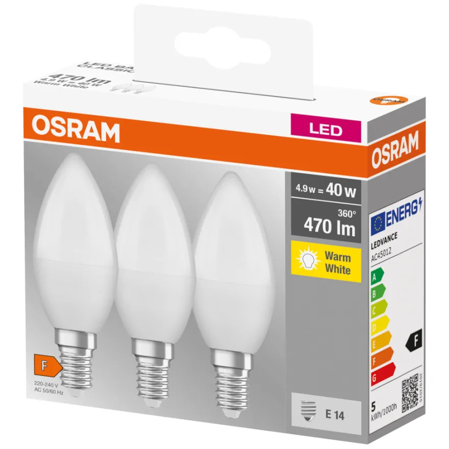 Osram LED kertepære E14 4,9 W 3-pk.
