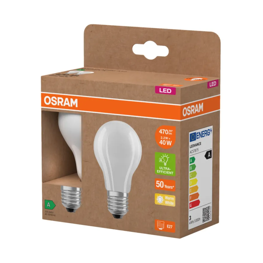 Osram LED mat standardpære E27 2,2 W 2-pk.