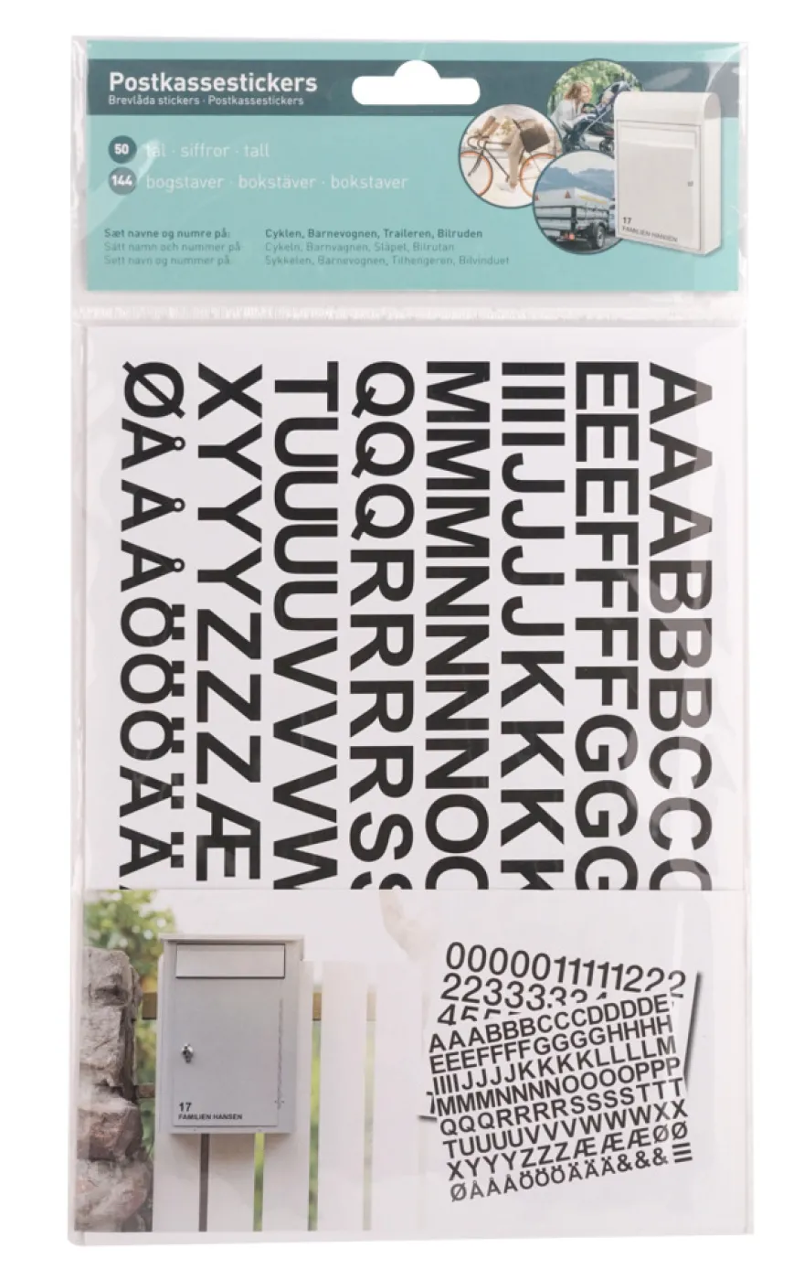 Postkassestickers med tal og bogstaver sort