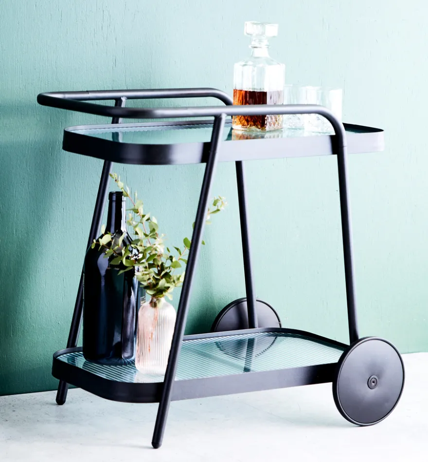 Serveringsvogn i aluminium og glas