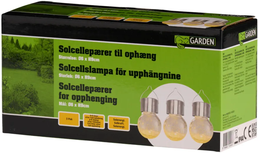 Solcellepære glas/metal Ø6 cm 3-pk. - Garden®