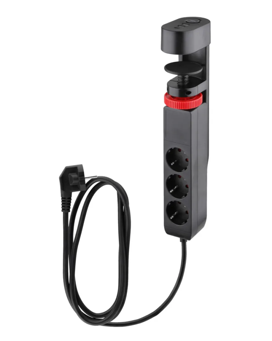 3-stikdåse m/klemme, schuko, USB og afbryder sort 1,4 meter - Elworks