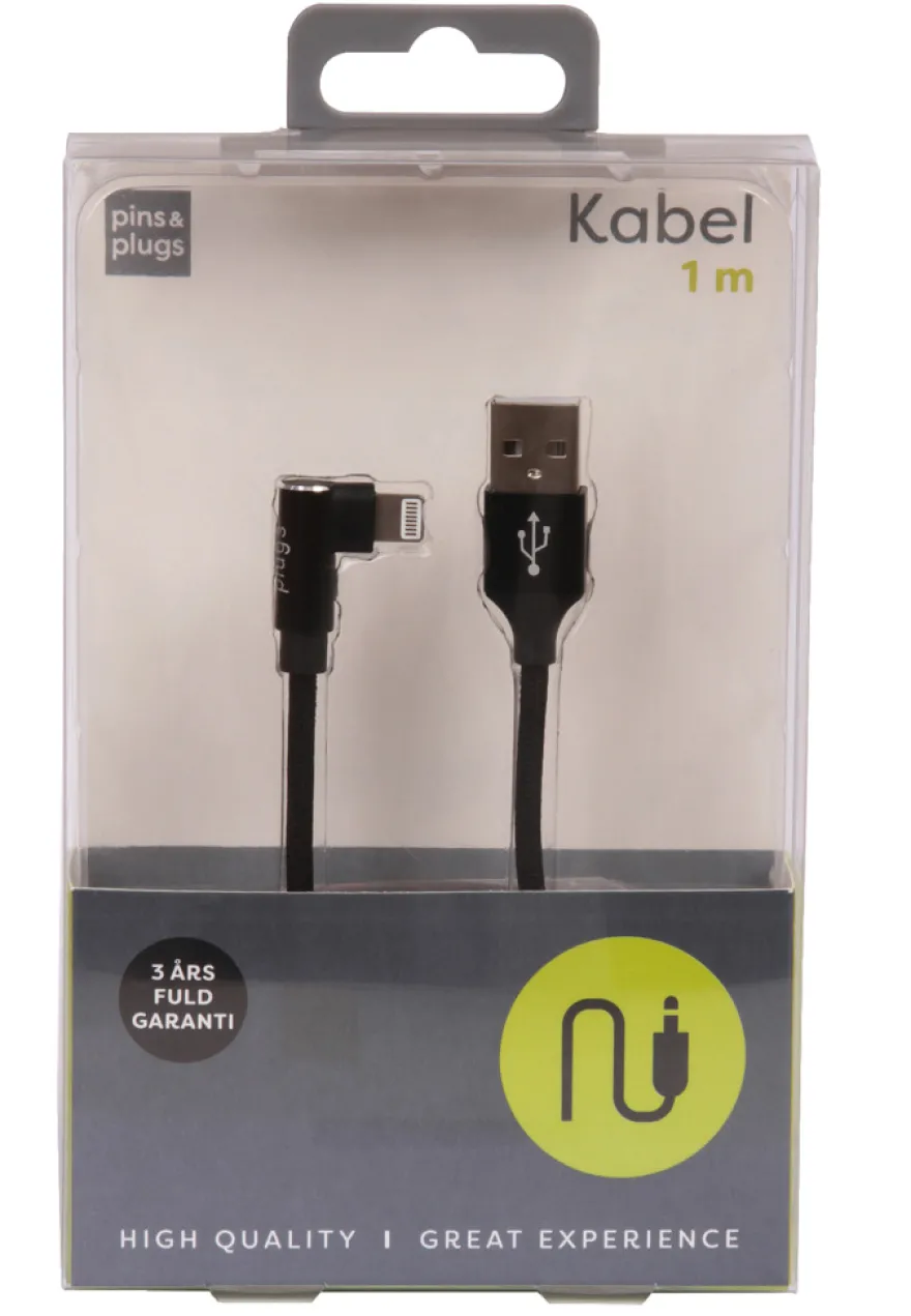 USB-A til lightning kabel 90 grader stik - 1 meter