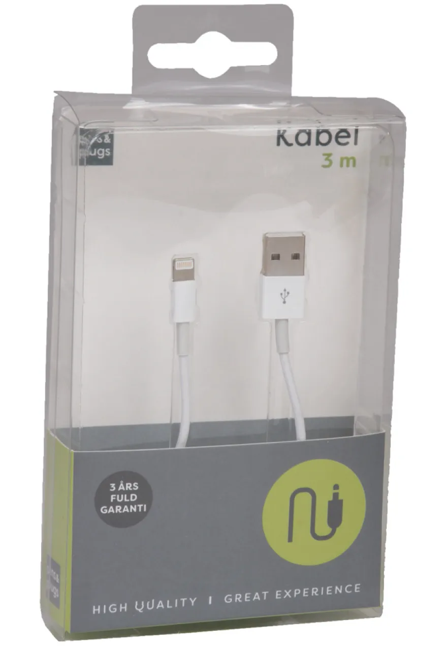 USB-A til lightning kabel - 3 meter